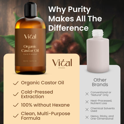 Vital Strands Castor Oil Organic & Cold Pressed – Hair & Skin Nourishment, Eyelash & Brow Serum – Hexane Free, Vegan, 8oz