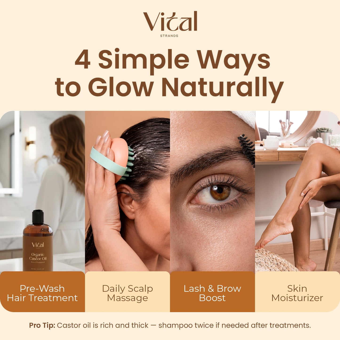 Vital Strands Castor Oil Organic & Cold Pressed – Hair & Skin Nourishment, Eyelash & Brow Serum – Hexane Free, Vegan, 8oz