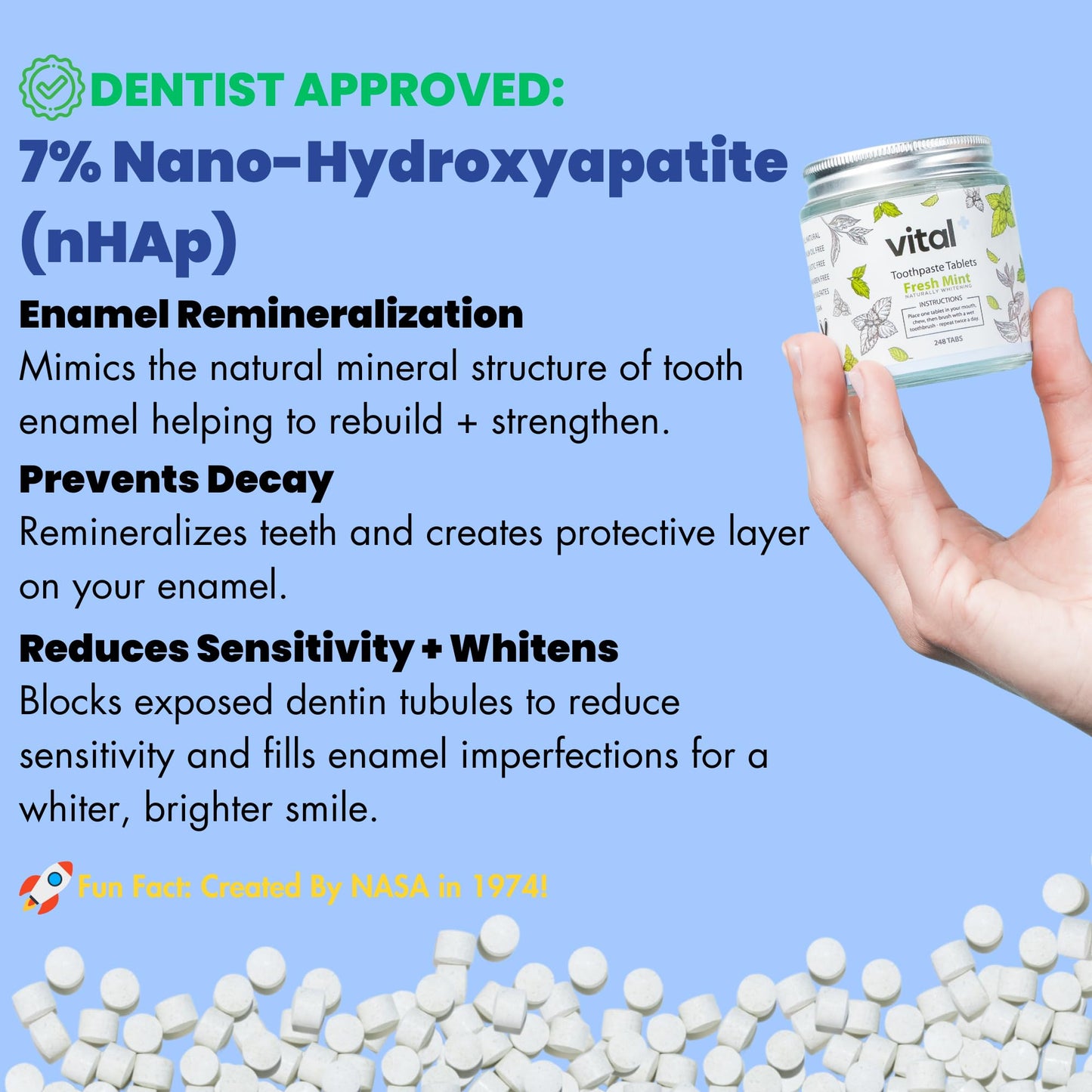 Vital Toothpaste Tabs – 7% Nano-Hydroxyapatite, Fluoride Free, 248 Tabs (4 Months)