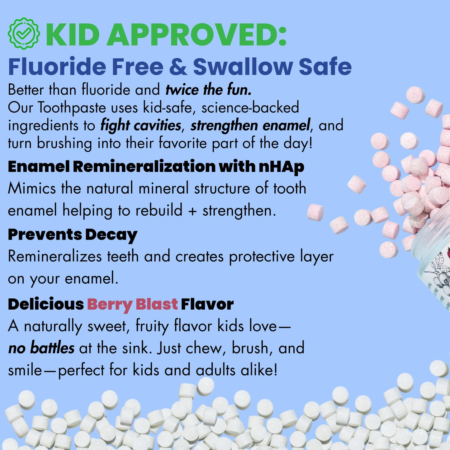 Vital Toothpaste Tabs with Nano-Hydroxyapatite | Berry Blast – Fluoride Free, Plastic Free, 248 Tablets