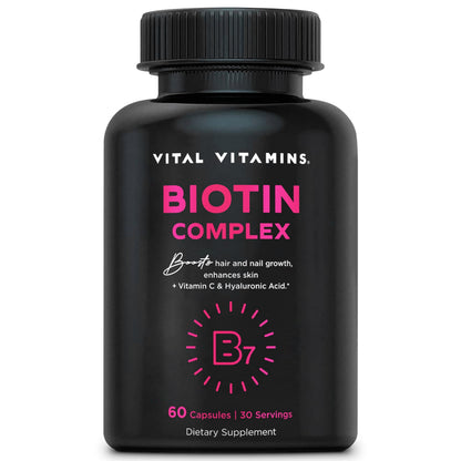 Vital Vitamins Biotin Complex Pills – Hyaluronic Acid, MSM, Collagen & Vitamin C | Hair, Skin & Nails Supplement (60 Capsules)