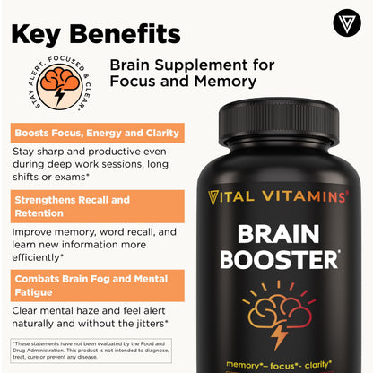 Vital Vitamins Brain Booster (3-Pack) – Memory & Focus Nootropic with Ginkgo, Rhodiola, B12 – Caffeine-Free, 90-Day Supply