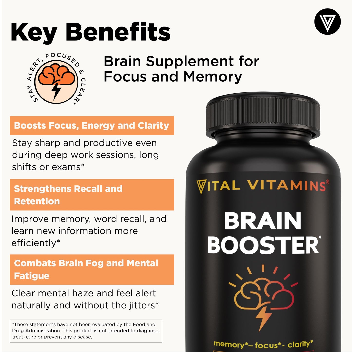 Vital Vitamins Brain Support with Bacopa Monnieri – Memory & Focus Nootropic (Caffeine-Free)