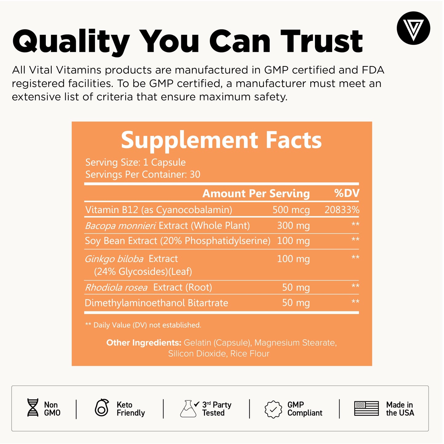 Vital Vitamins Brain Support with Bacopa Monnieri – Memory & Focus Nootropic (Caffeine-Free)