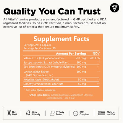 Vital Vitamins Brain Support with Bacopa Monnieri – Memory & Focus Nootropic (Caffeine-Free)