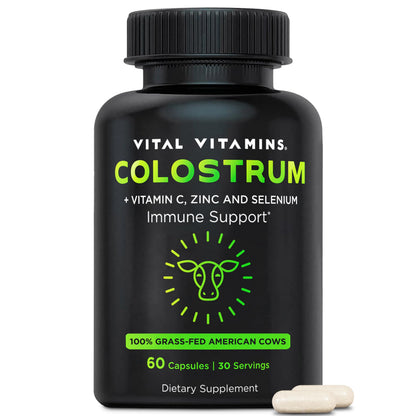 Vital Vitamins Colostrum Supplement – IgG 10% | Vitamin C, Zinc & Selenium | Grass-Fed 60 Caps