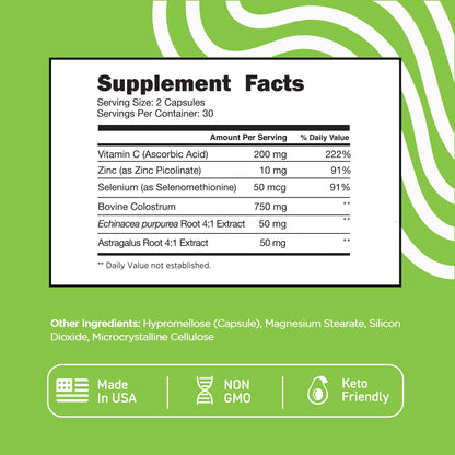 Vital Vitamins Colostrum Supplement – IgG 10% | Vitamin C, Zinc & Selenium | Grass-Fed 60 Caps