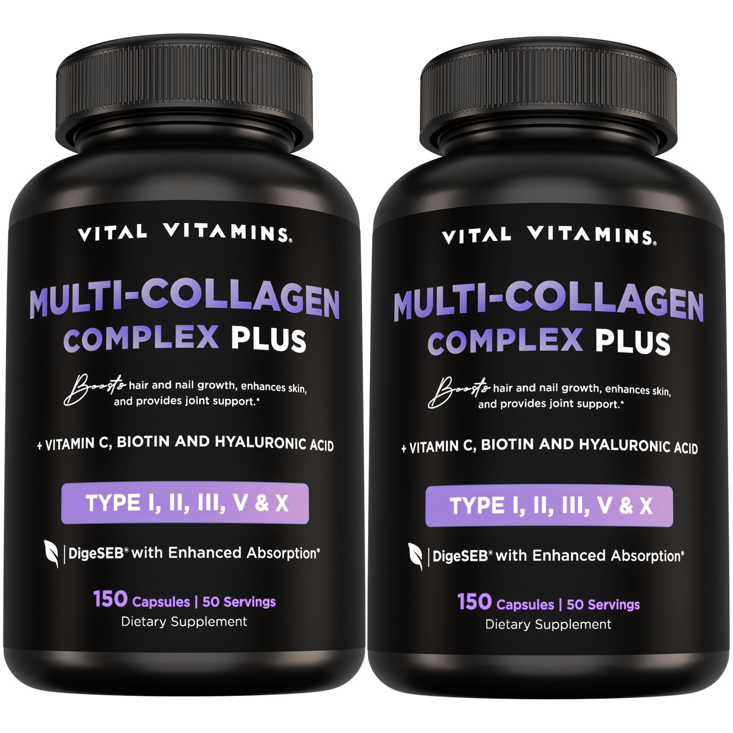Vital Vitamins Multi Collagen Plus (2-Pack) – Biotin, Hyaluronic Acid & Vitamin C for Hair, Skin, Nails | Type I–X Collagen (Women & Men)