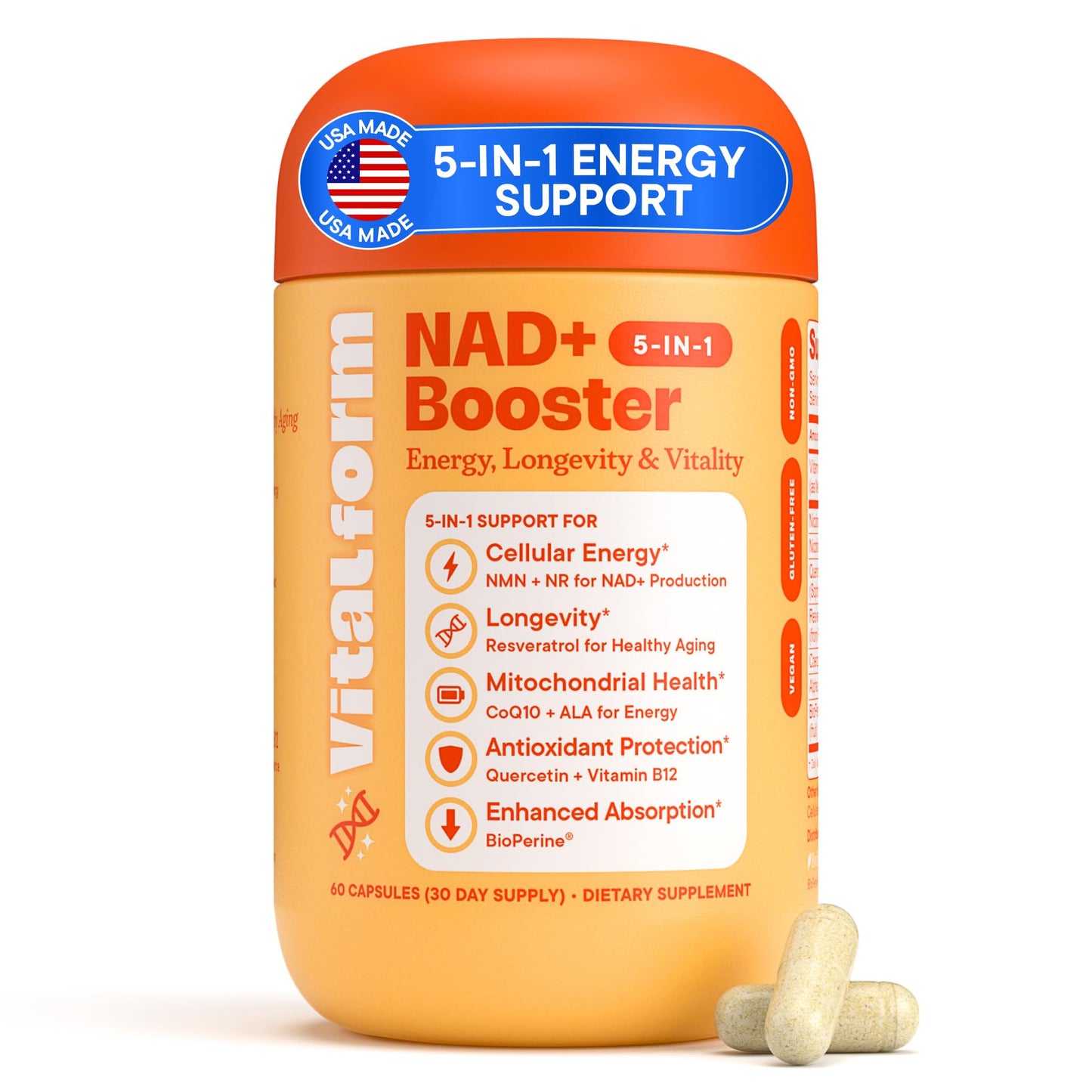 VitalForm NAD+ Booster – NMN + NR Complex for Energy, Healthy Aging & Brain Support | 60 Vegan Capsules