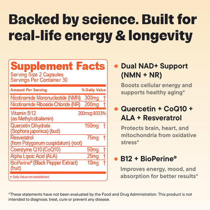 VitalForm NAD+ Booster – NMN + NR Complex for Energy, Healthy Aging & Brain Support | 60 Vegan Capsules