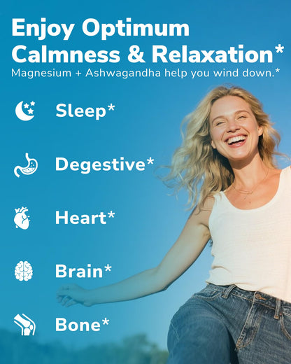 Vitalibre Magnesium Complex with Ashwagandha & L-Theanine – Stress Relief, Bone & Nerve Support | 90 Vegan Capsules