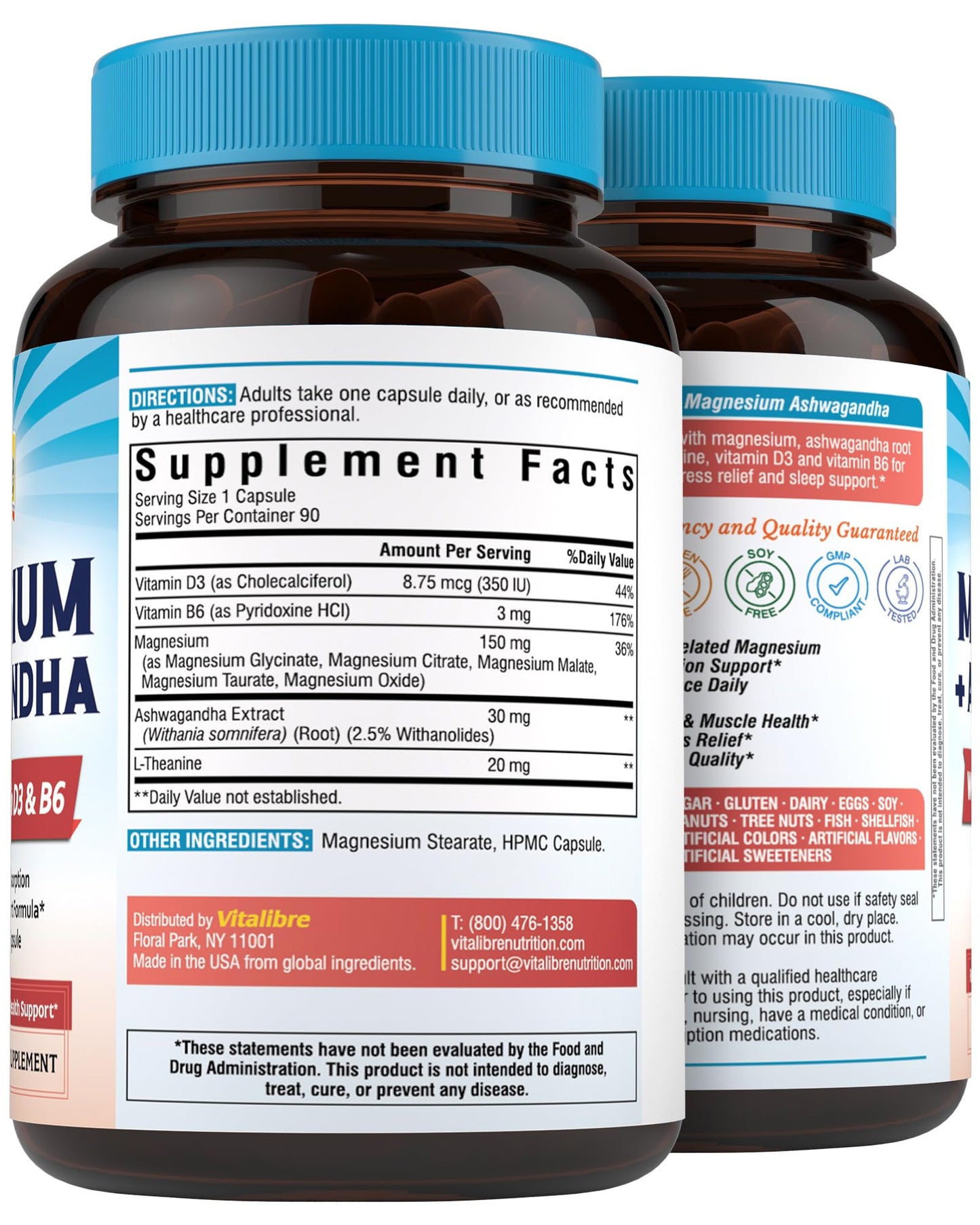 Vitalibre Magnesium Complex with Ashwagandha & L-Theanine – Stress Relief, Bone & Nerve Support | 90 Vegan Capsules