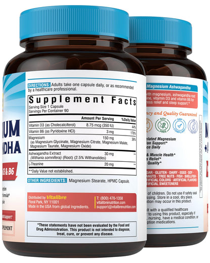 Vitalibre Magnesium Complex with Ashwagandha & L-Theanine – Stress Relief, Bone & Nerve Support | 90 Vegan Capsules