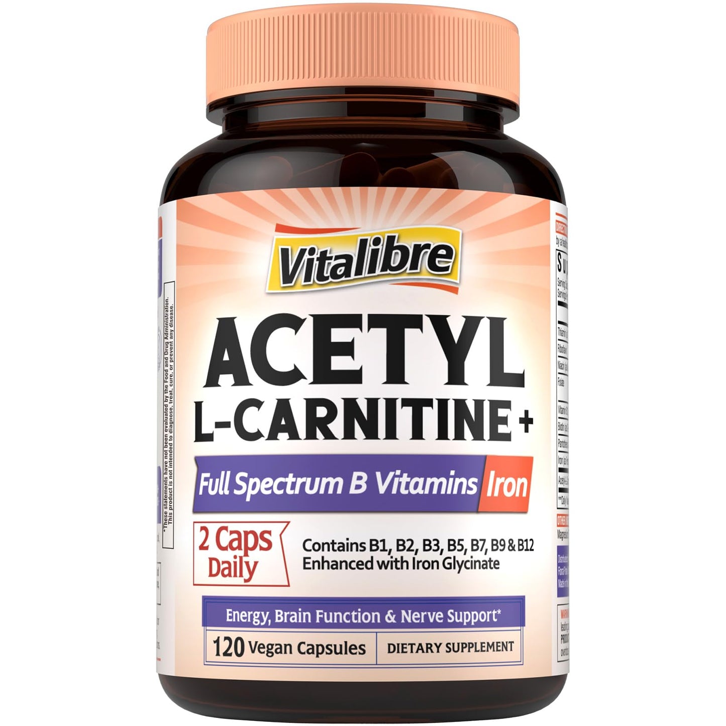 Vitalibre Acetyl-L-Carnitine HCl 1250mg with B Vitamins – High Potency, Energy & Brain Support | 120 Vegan Caps