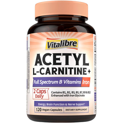 Vitalibre Acetyl-L-Carnitine HCl 1250mg with B Vitamins – High Potency, Energy & Brain Support | 120 Vegan Caps