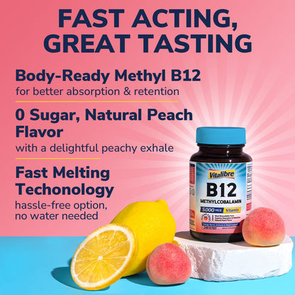 Vitalibre Vitamin B12 Sublingual 5000 mcg – Vegan Methylcobalamin, Peach
