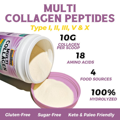 Vitalibre Multi Collagen Peptides Powder – Type I-V-X, Unflavored, 16oz, 45 Servings