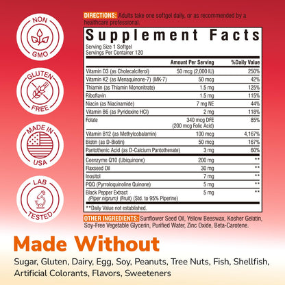 Vitalibre CoQ10 200mg + PQQ - Heart Health, Energy & Immunity | 120 Softgels