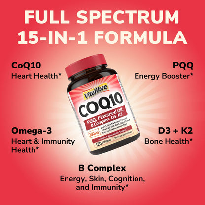 Vitalibre CoQ10 200mg + PQQ - Heart Health, Energy & Immunity | 120 Softgels