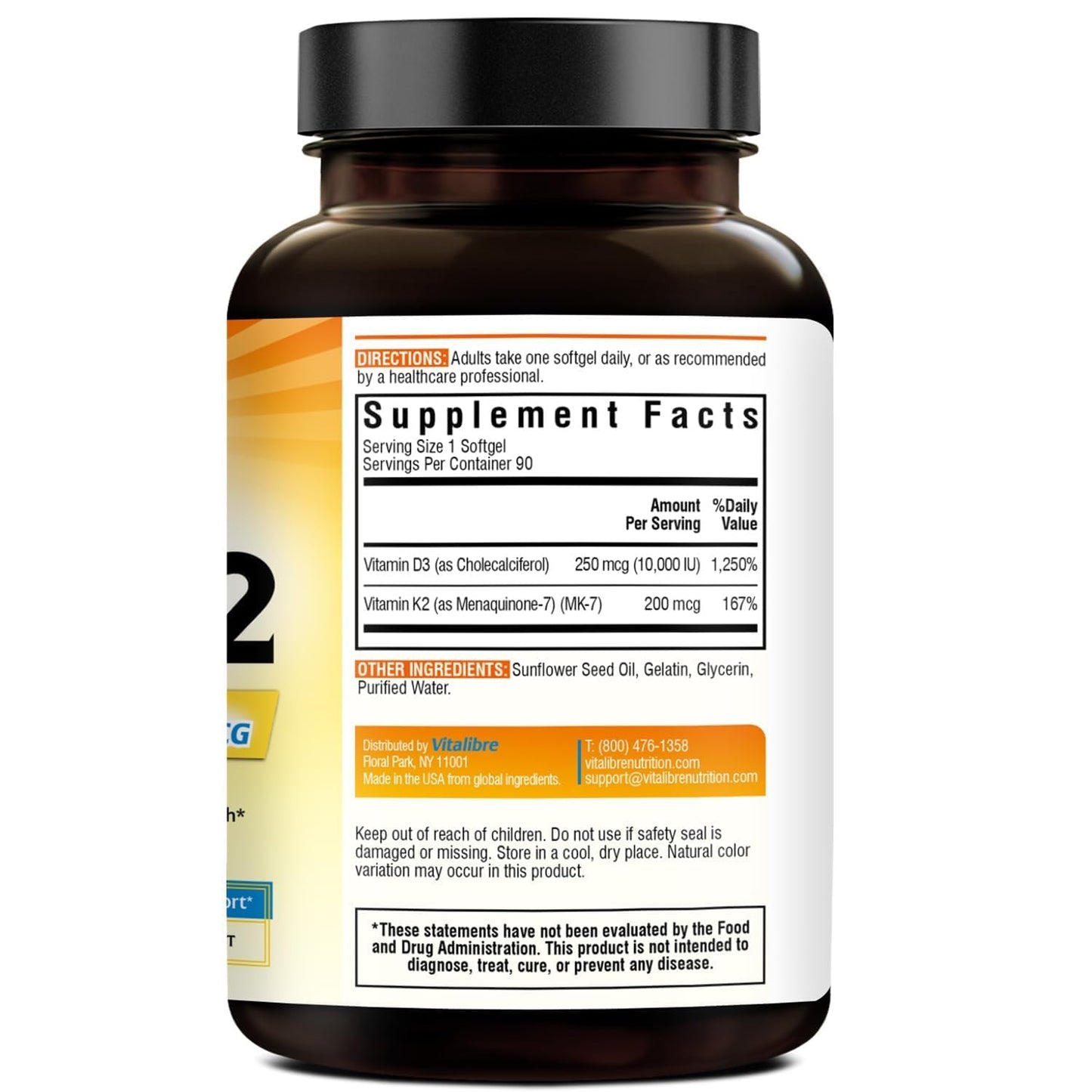 Vitalibre Vitamin D3 K2 Supplement 10000 IU D3 / 200 mcg K2 MK7 | 90 Softgels