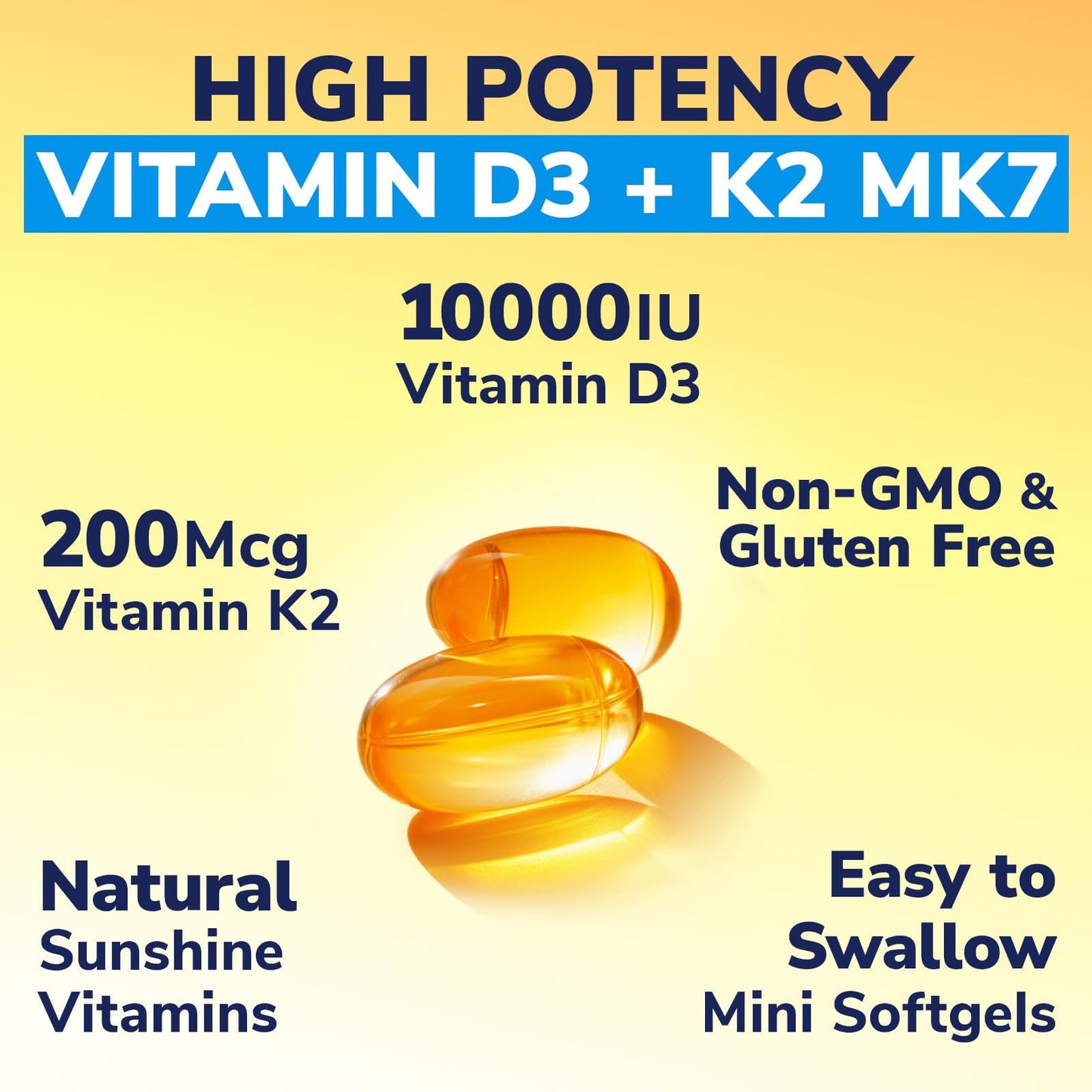 Vitalibre Vitamin D3 K2 Supplement 10000 IU D3 / 200 mcg K2 MK7 | 90 Softgels
