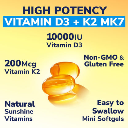 Vitalibre Vitamin D3 K2 Supplement 10000 IU D3 / 200 mcg K2 MK7 | 90 Softgels