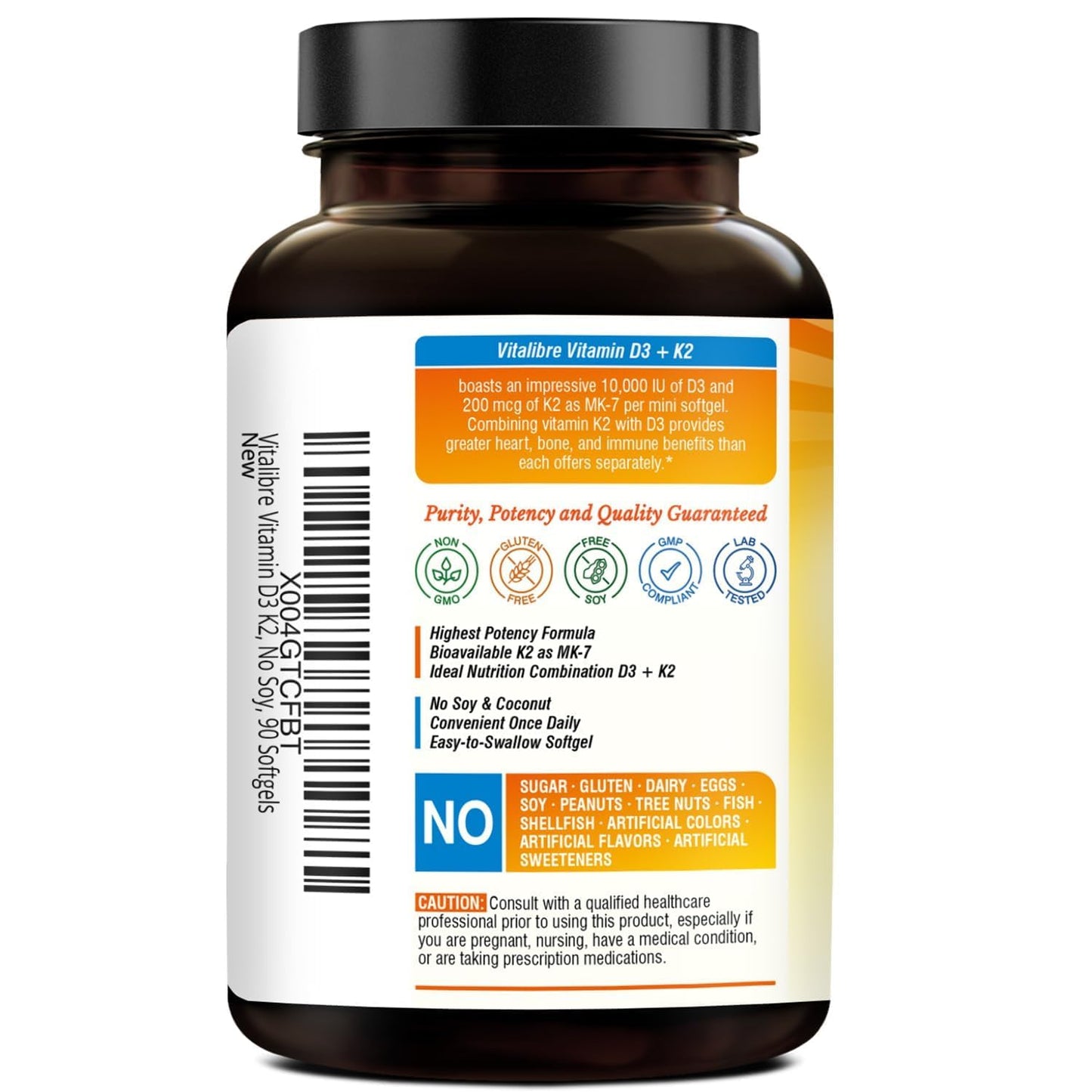 Vitalibre Vitamin D3 K2 Supplement 10000 IU D3 / 200 mcg K2 MK7 | 90 Softgels