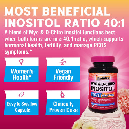Vitalibre Inositol for Women | 40:1 Myo-Inositol & D-Chiro | 120 Vegan Capsules