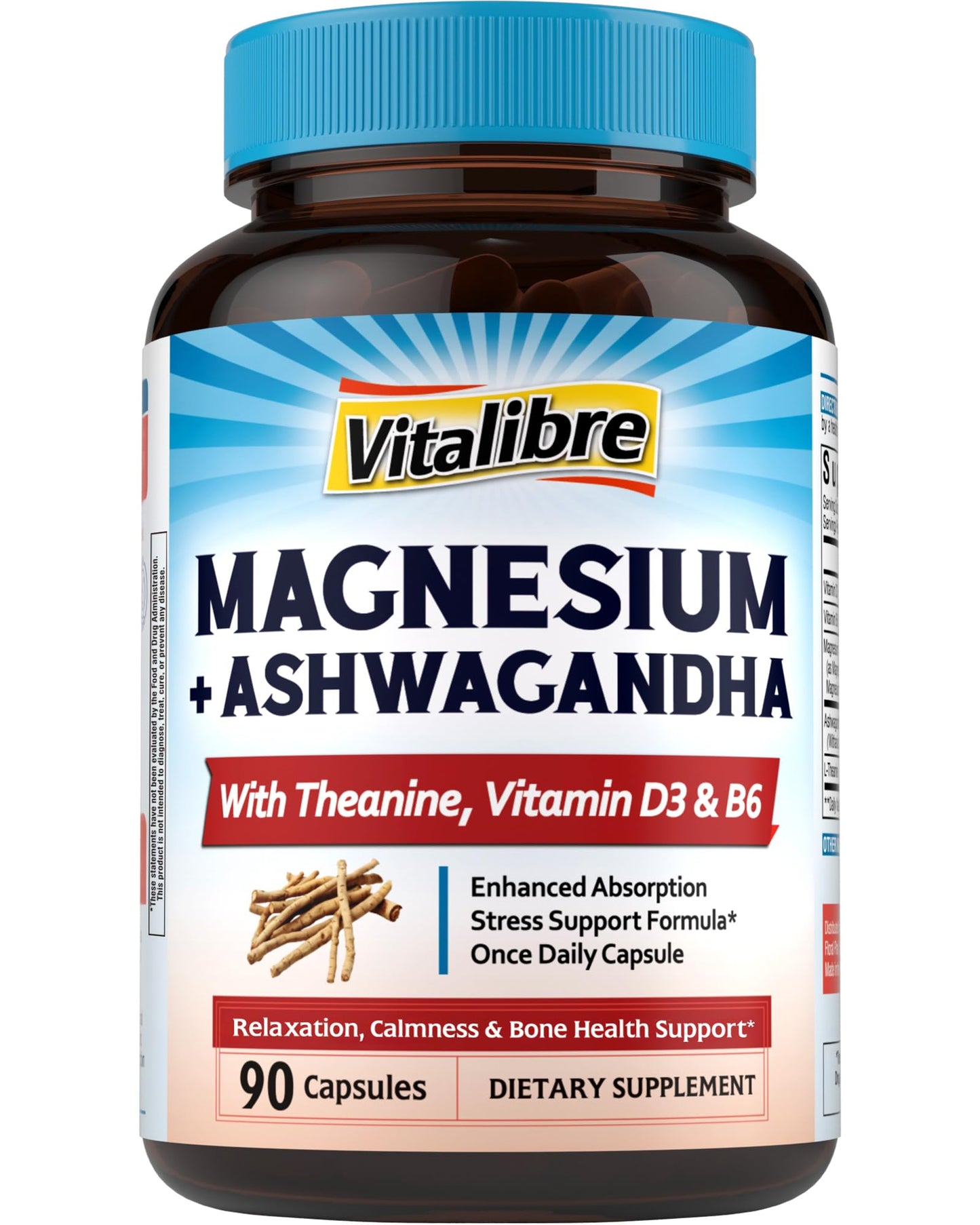 Vitalibre Magnesium Complex with Ashwagandha & L-Theanine – Stress Relief, Bone & Nerve Support | 90 Vegan Capsules