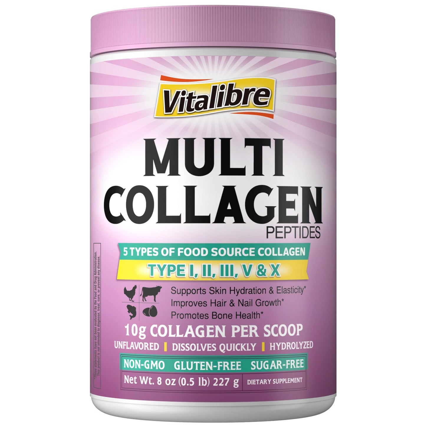 Vitalibre Multi Collagen Peptides Powder – Type I–X, Unflavored, 8oz, 22 Servings