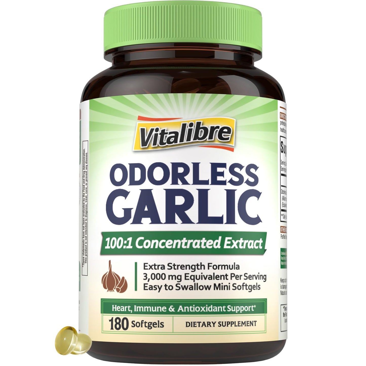 Vitalibre Odorless Garlic – 3,000mg per Serving, 180 Softgels | Non-GMO, Gluten-Free
