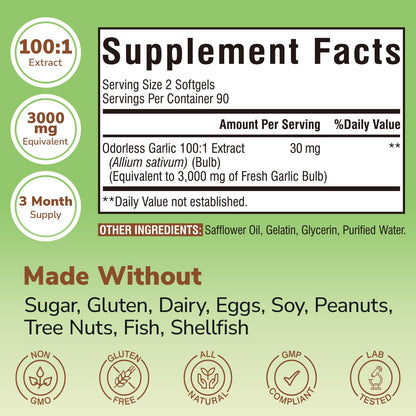 Vitalibre Odorless Garlic – 3,000mg per Serving, 180 Softgels | Non-GMO, Gluten-Free