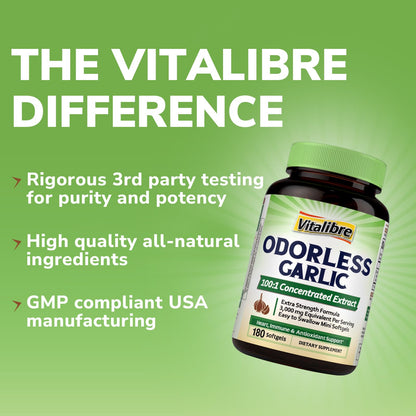 Vitalibre Odorless Garlic – 3,000mg per Serving, 180 Softgels | Non-GMO, Gluten-Free