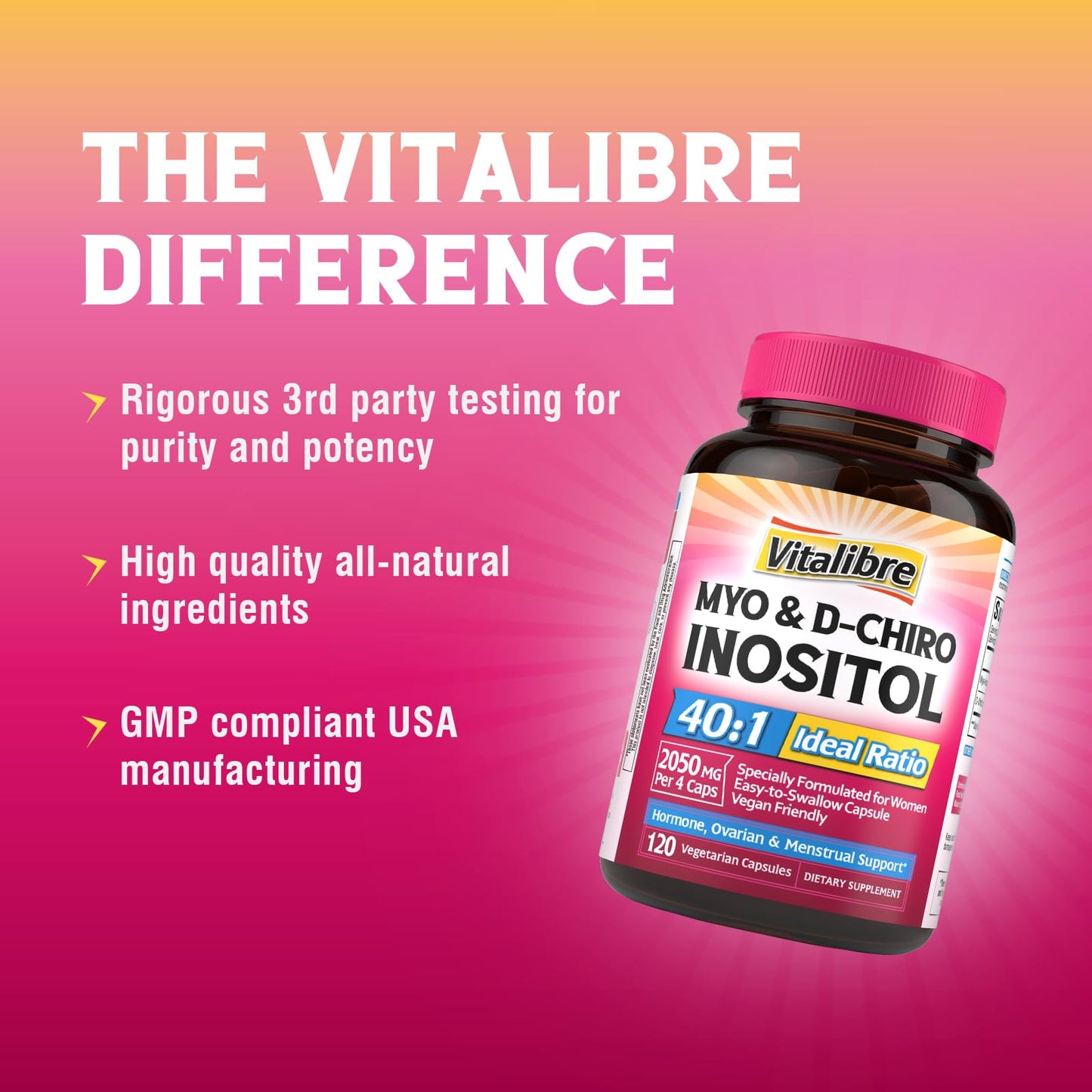 Vitalibre Inositol for Women | 40:1 Myo-Inositol & D-Chiro | 120 Vegan Capsules