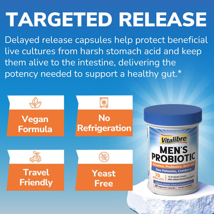 Vitalibre Probiotics for Men – 70B CFU with Akkermansia Muciniphila | Prostate & Digestive Health | 30 Capsules