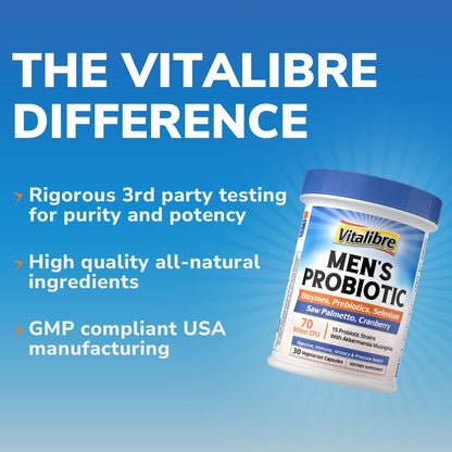 Vitalibre Probiotics for Men – 70B CFU with Akkermansia Muciniphila | Prostate & Digestive Health | 30 Capsules