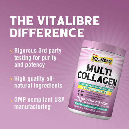Vitalibre Multi Collagen Peptides Powder – Type I–X, Unflavored, 8oz, 22 Servings