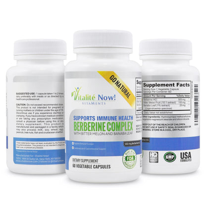 Vitalité Now Berberine 500mg + Bitter Melon & Banaba – Immune, Cardiovascular & GI Support | 60 Veg Capsules