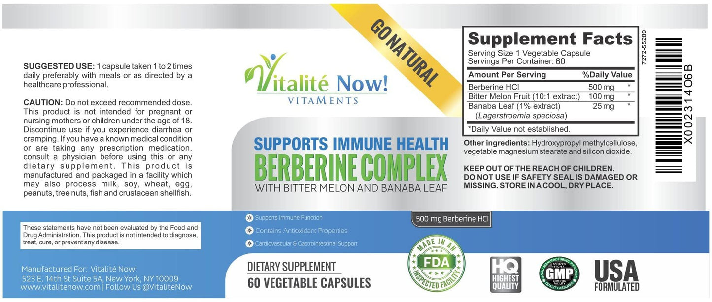 Vitalité Now Berberine 500mg + Bitter Melon & Banaba – Immune, Cardiovascular & GI Support | 60 Veg Capsules