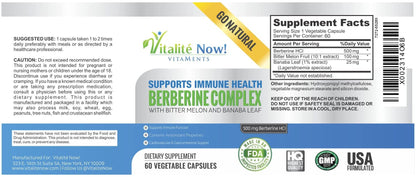 Vitalité Now Berberine 500mg + Bitter Melon & Banaba – Immune, Cardiovascular & GI Support | 60 Veg Capsules