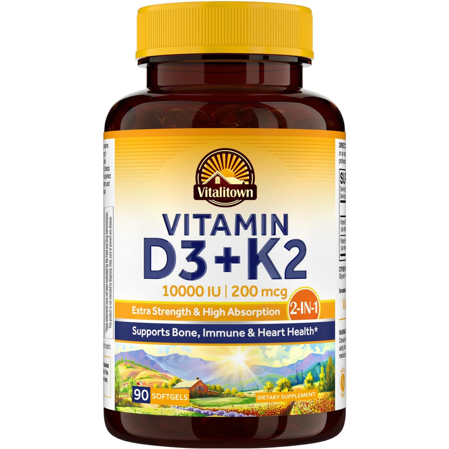 Vitalitown Vitamin D3 K2 Supplement - 10000 IU D3, 200 mcg MK-7, 90 Softgels