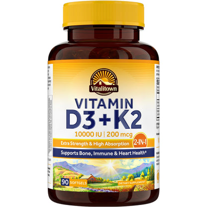 Vitalitown Vitamin D3 K2 Supplement - 10000 IU D3, 200 mcg MK-7, 90 Softgels