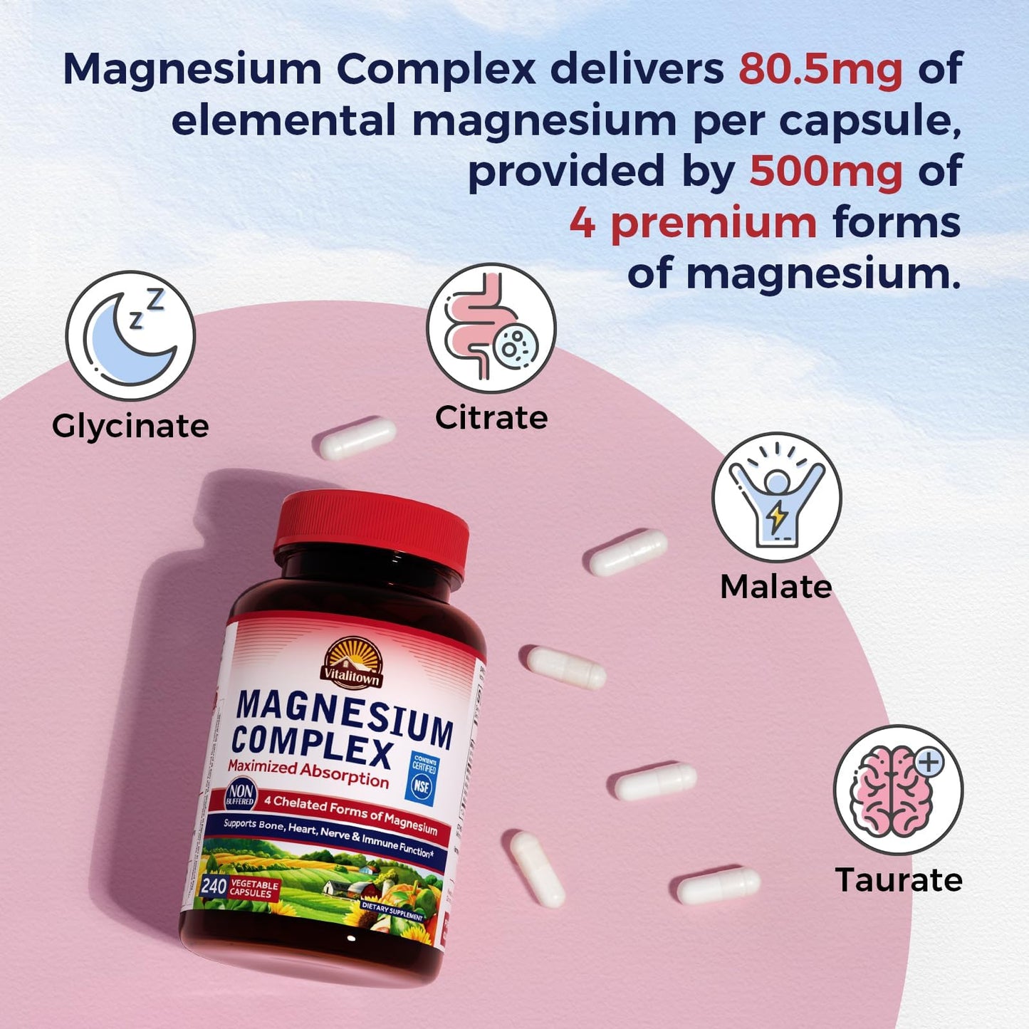Vitalitown Magnesium Complex 500 mg | Chelated Glycinate, Citrate, Taurate & Malate | 240 Vegan Capsules | NSF Certified