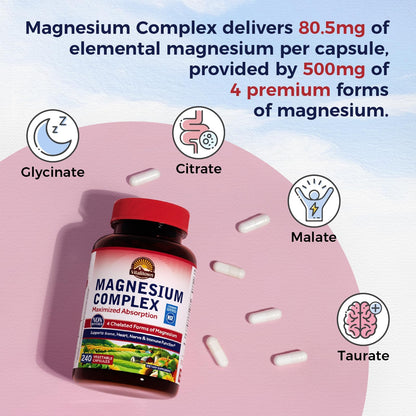 Vitalitown Magnesium Complex 500 mg | Chelated Glycinate, Citrate, Taurate & Malate | 240 Vegan Capsules | NSF Certified