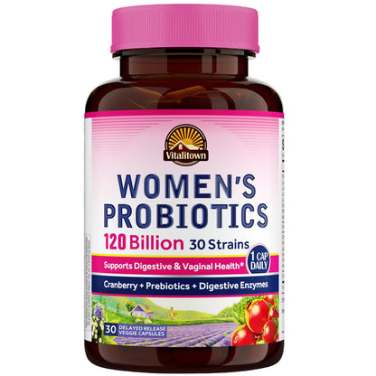 Vitalitown Probiotics for Women – 120 Billion CFUs, 30 Strains, Prebiotics & Enzymes | Vegan