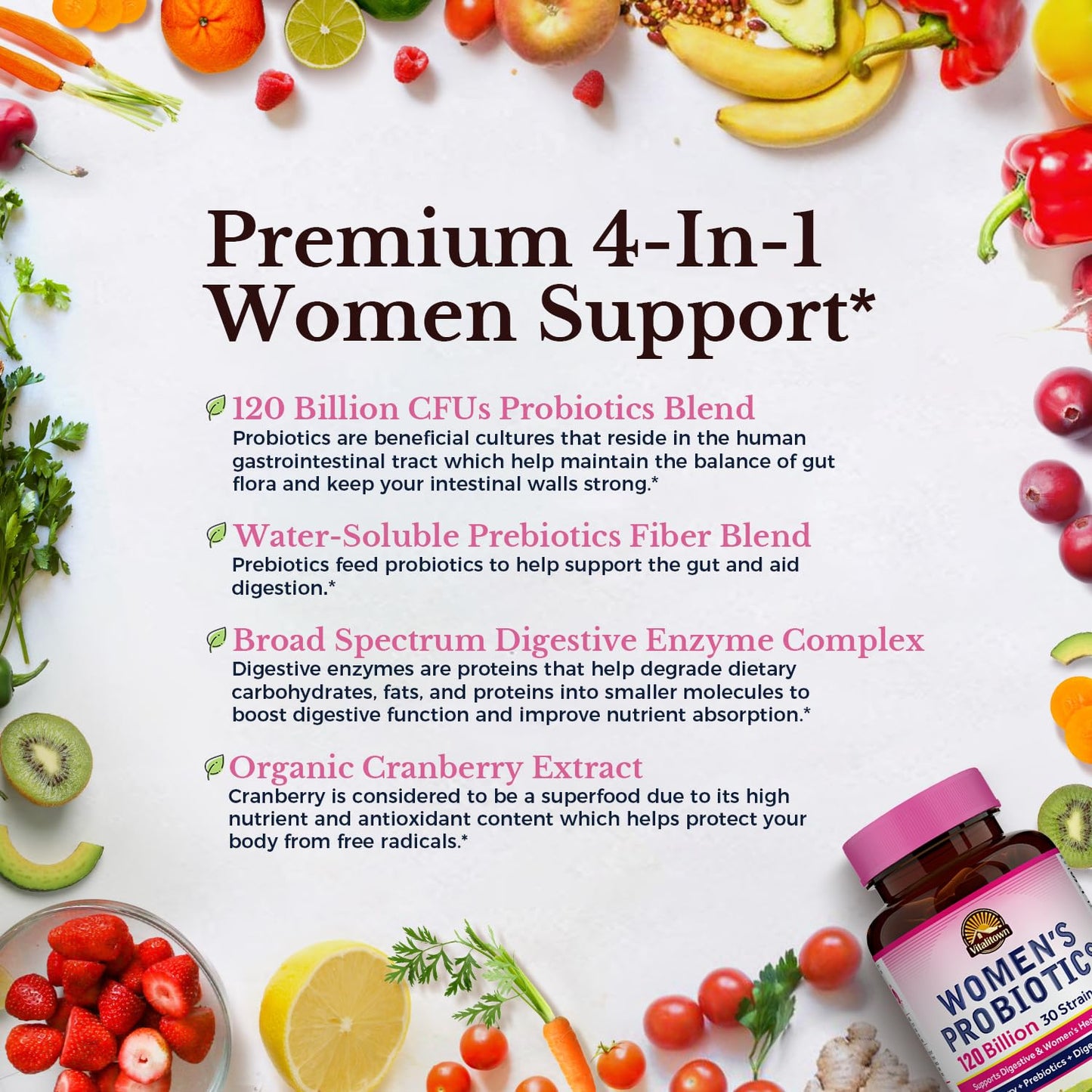 Vitalitown Probiotics for Women – 120 Billion CFUs, 30 Strains, Prebiotics & Enzymes | Vegan