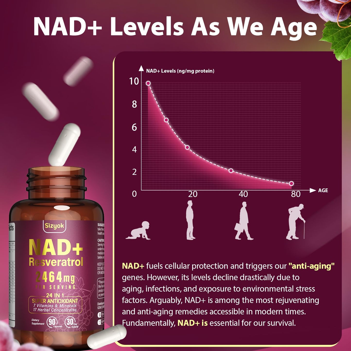 NAD Supplement 1100mg + Resveratrol 600mg | Liposomal NAD+ Capsules with Pterostilbene & Quercetin - Sizyok