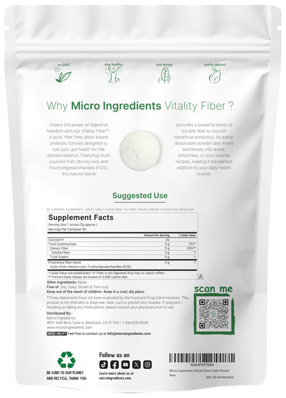 Micro Ingredients Vitality Prebiotic Fiber Powder 1lb | Unflavored, Sugar Free & Vegan