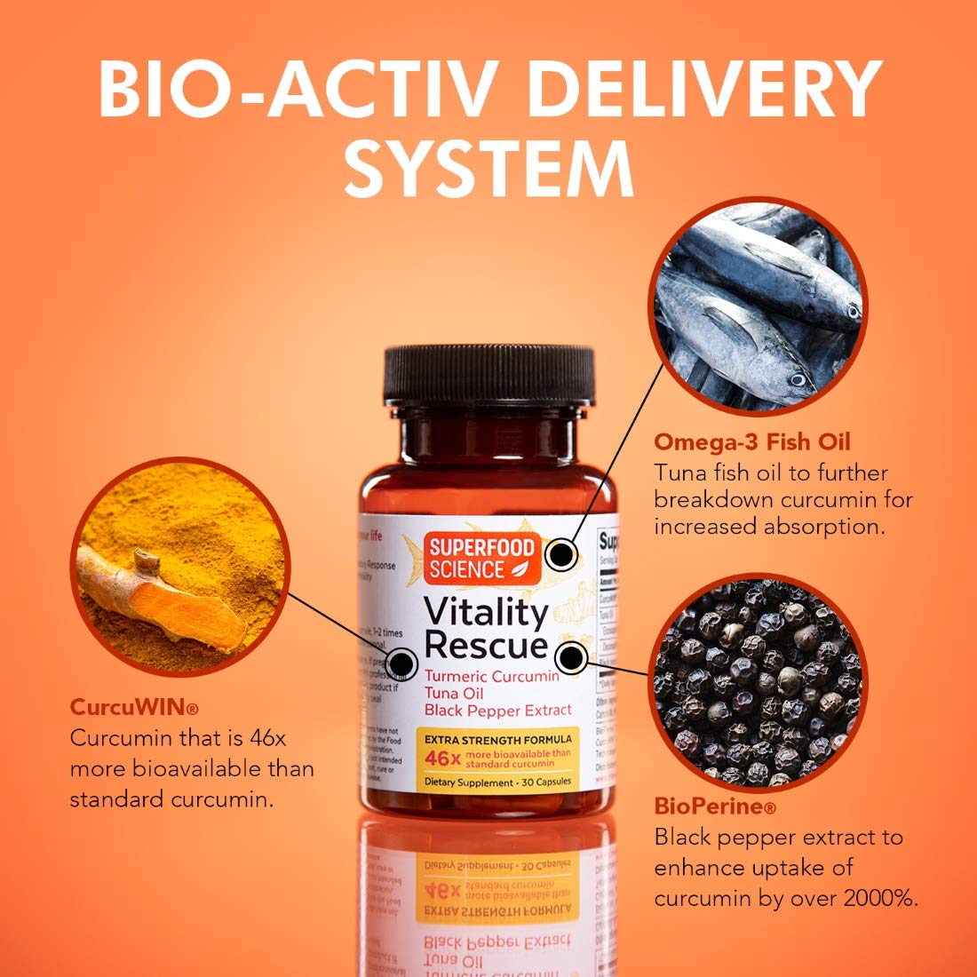 Vitality Rescue Fish Oil + Turmeric with BioPerine | CurcuWin 46x Absorption | 30 Capsules