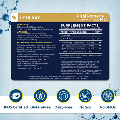 VitalOils1000 Omega-3 Fish Oil 1200mg (750 DHA + 450 EPA) - IFOS 5-Star, Non-GMO, Gluten-Free, No Fishy Aftertaste, Made in USA